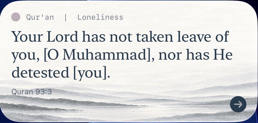 Qur’an · Loneliness: Your Lord has not taken leave of you, [O Muhammad], nor has He detested [you]. Quran 93:3.
